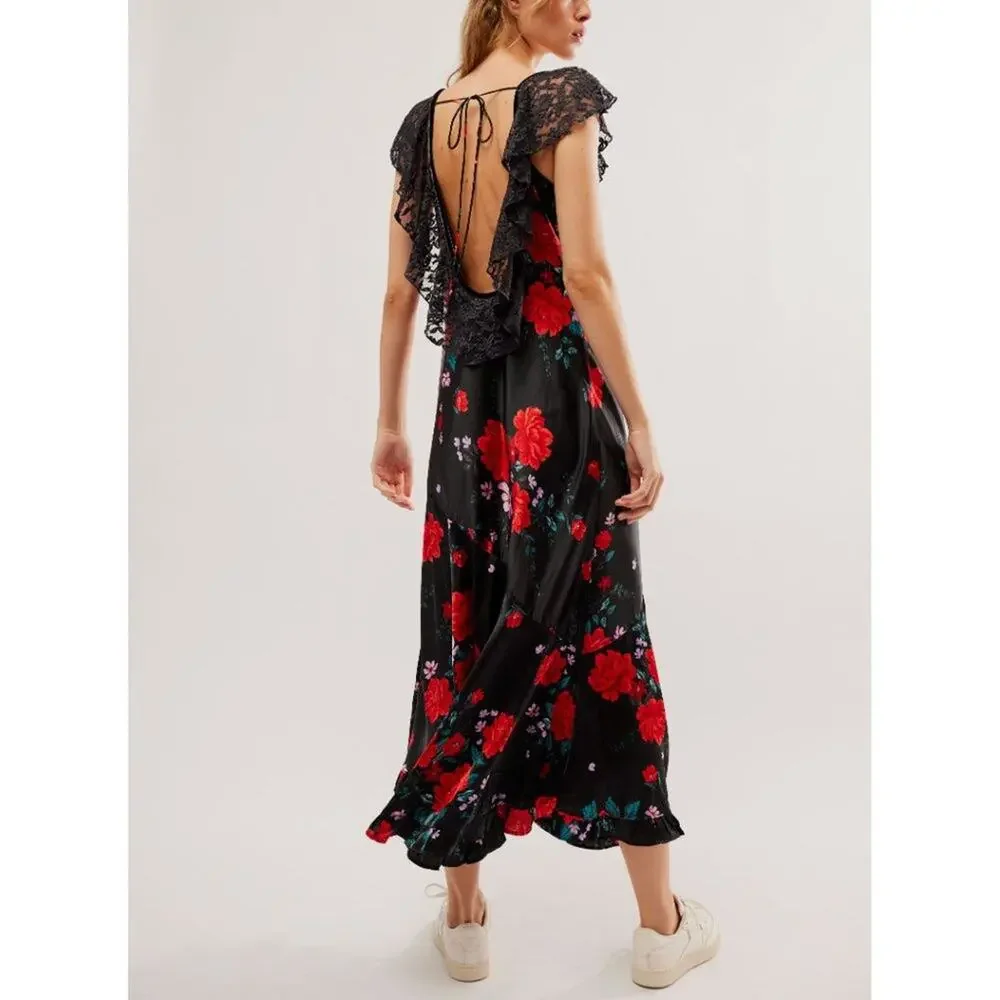 free people warm hearts midi dress black & red floral combo women size x-small